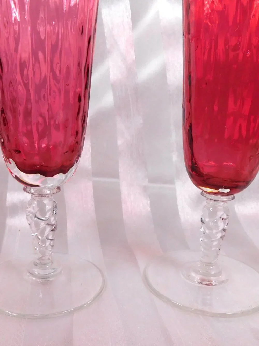 Lot of Five Pink Ribbed Stemware Glasses with Clear Bases # 26621